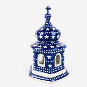 A05 Bunzlau Kerst 119X Kerkje - A05 (Bunzlau). A05 Bunzlau Kerst Kerkje 17cm 119X   A05  Mooi Bunzlau kerkje Op de onderzetter past een waxinelichtje wanneer deze brandt