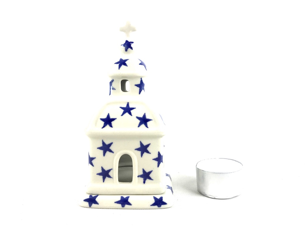 A06 Bunzlau Kerst Kerkje 15cm 121X - A06 (Bunzlau). A06 Bunzlau Kerst Kerkje 15cm 121X Sfeervolle waxinelicht houder.